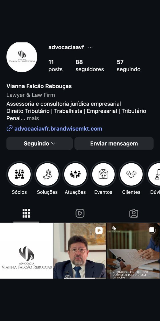 Perfil de Instagram da Advocacia Vianna Falcão Rebouças gerenciado pela Brandwise